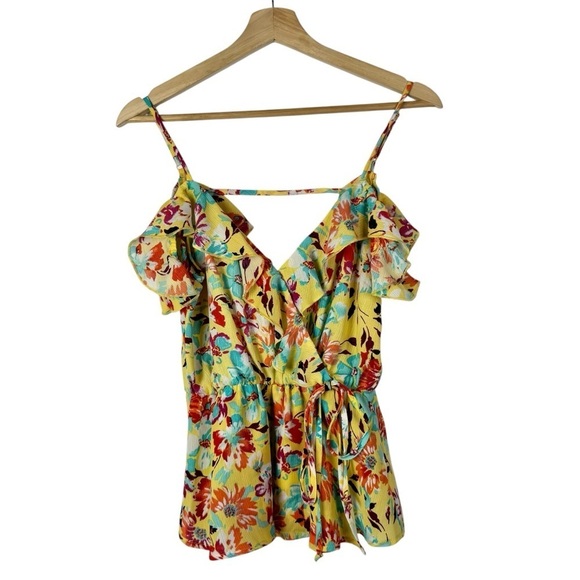 Lily White Yellow Floral Wrap Front Cold Shoulder Short Sleeve Top S - Picture 1 of 4